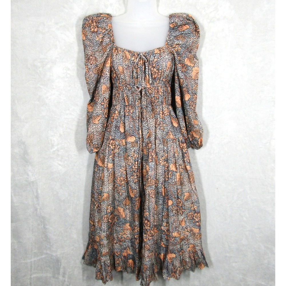 Ulla Johnson Dress Size 00 Isla Aegean Printed Cotton Midi Puff Sleeves Milkmaid